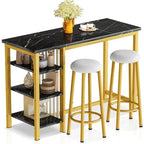 Grondin Modern Contemporary Faux Marble 3 Piece Bar Table Set with 2 Upholstered Stools and Extra Storage Shelves