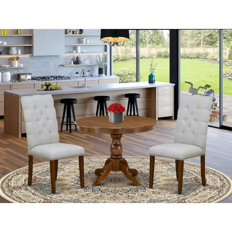East West Furniture 3 Piece Dining Table Set Contains a Round Dining Table and 2 Linen Fabric Parson Chairs, (Finish Options)