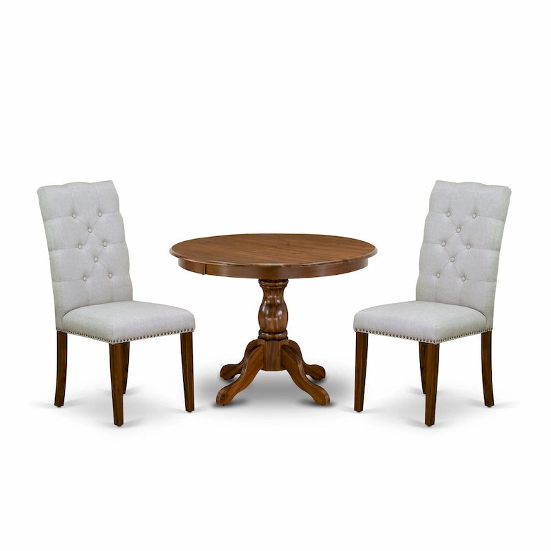 East West Furniture 3 Piece Dining Table Set Contains a Round Dining Table and 2 Linen Fabric Parson Chairs, (Finish Options)