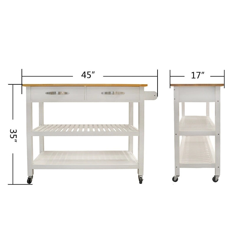 45 Wood Rolling Kitchen Island, Storage Utility Trolley Cart with 2 Drawers and Towel Rack