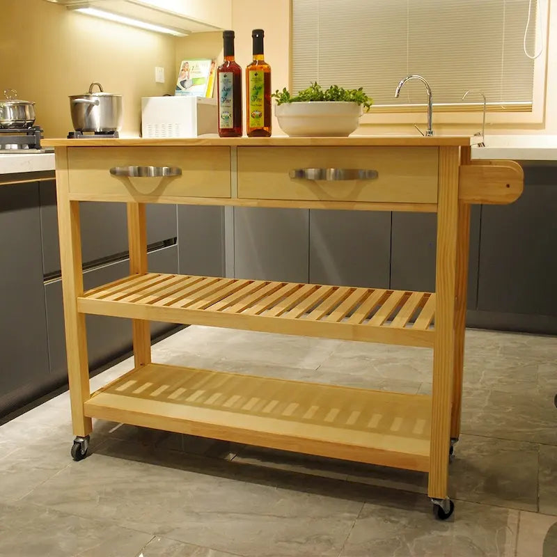 45 Wood Rolling Kitchen Island, Storage Utility Trolley Cart with 2 Drawers and Towel Rack