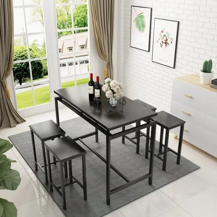Dining Table Set for 4, Industrial Kitchen & Dining Room Table Sets with 4 Square Stools, Counter Height Bar Table Set