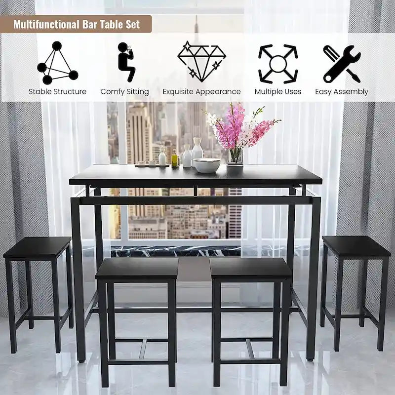Dining Table Set for 4, Industrial Kitchen & Dining Room Table Sets with 4 Square Stools, Counter Height Bar Table Set