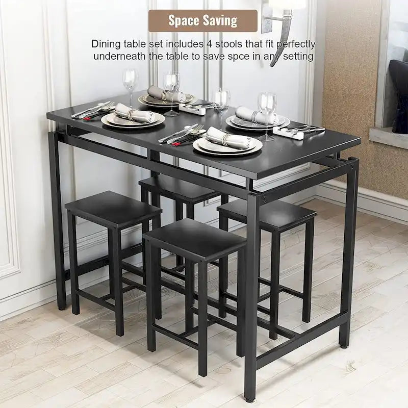 Dining Table Set for 4, Industrial Kitchen & Dining Room Table Sets with 4 Square Stools, Counter Height Bar Table Set