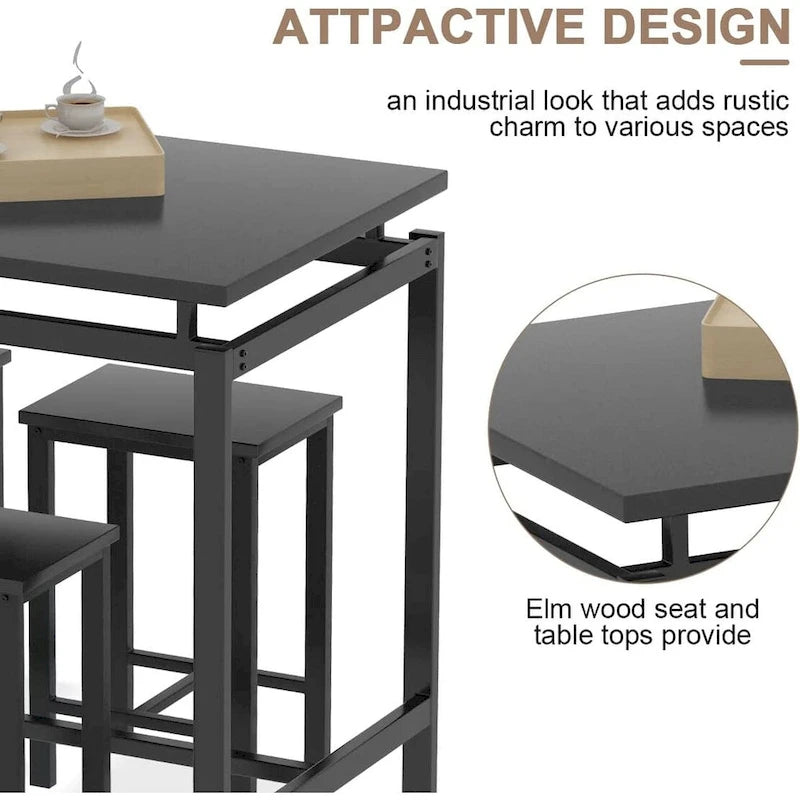 Dining Table Set for 4, Industrial Kitchen & Dining Room Table Sets with 4 Square Stools, Counter Height Bar Table Set