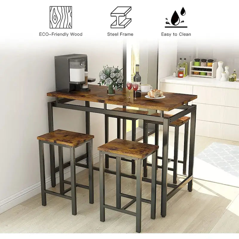 Dining Table Set for 4, Industrial Kitchen & Dining Room Table Sets with 4 Square Stools, Counter Height Bar Table Set