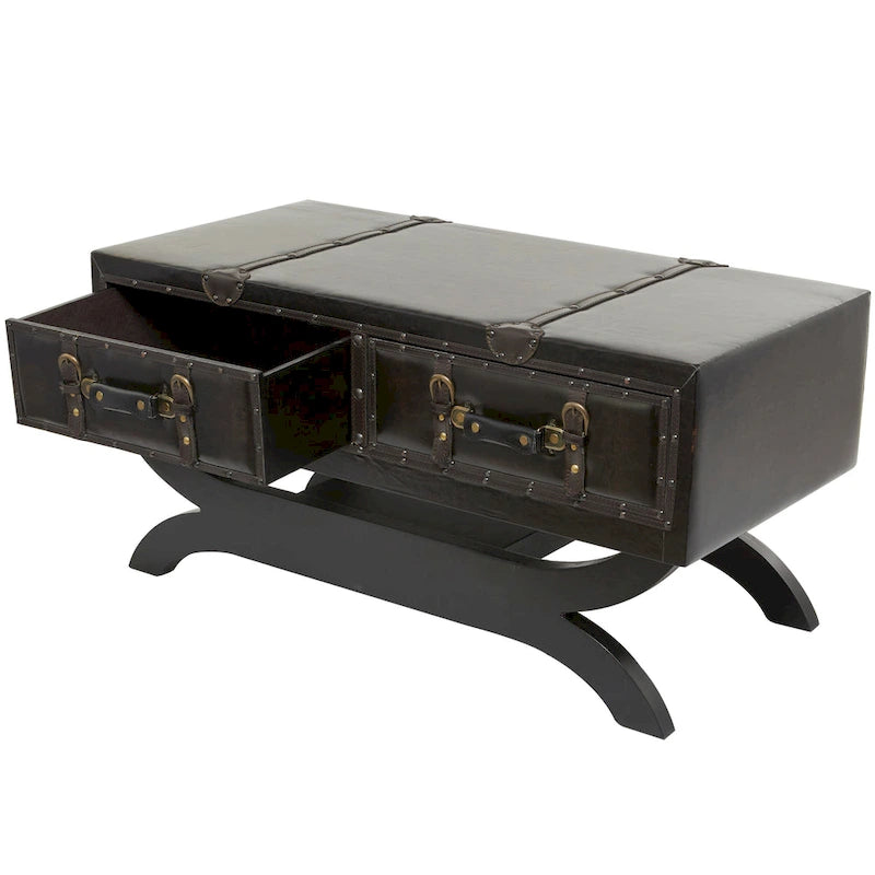 Faux Leather Vintage Faux Leather 2 Drawer Coffee Table with Curved Style Leg Stand - Dark Brown - Roche River Decor