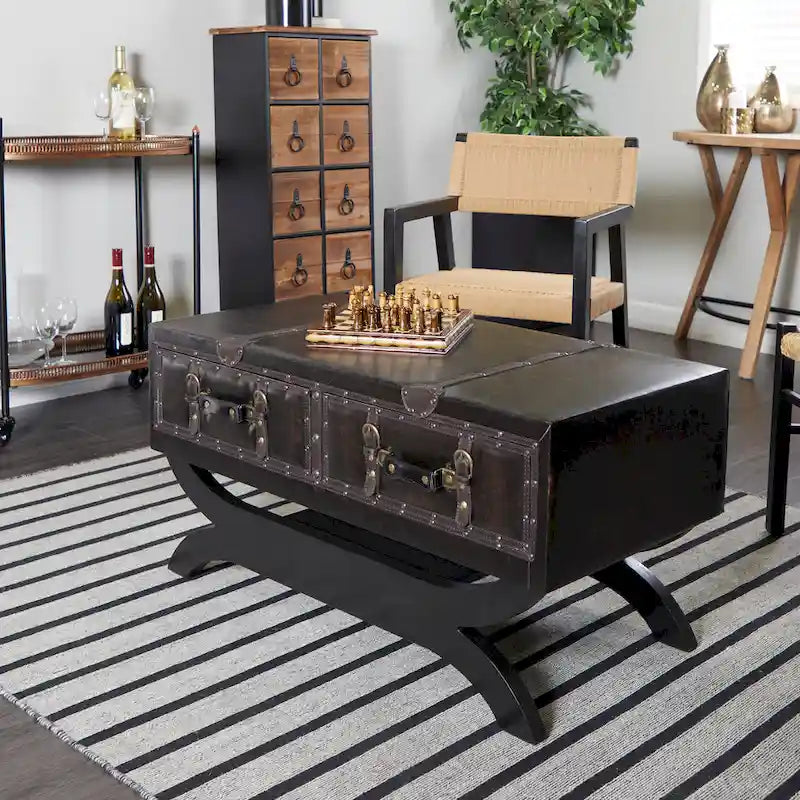 Faux Leather Vintage Faux Leather 2 Drawer Coffee Table with Curved Style Leg Stand - Dark Brown - Roche River Decor