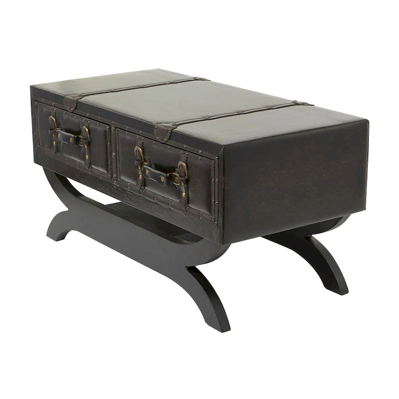 Faux Leather Vintage Faux Leather 2 Drawer Coffee Table with Curved Style Leg Stand - Dark Brown - Roche River Decor