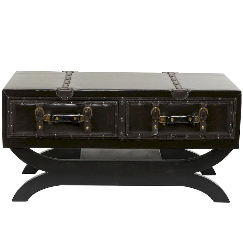 Faux Leather Vintage Faux Leather 2 Drawer Coffee Table with Curved Style Leg Stand - Dark Brown - Roche River Decor