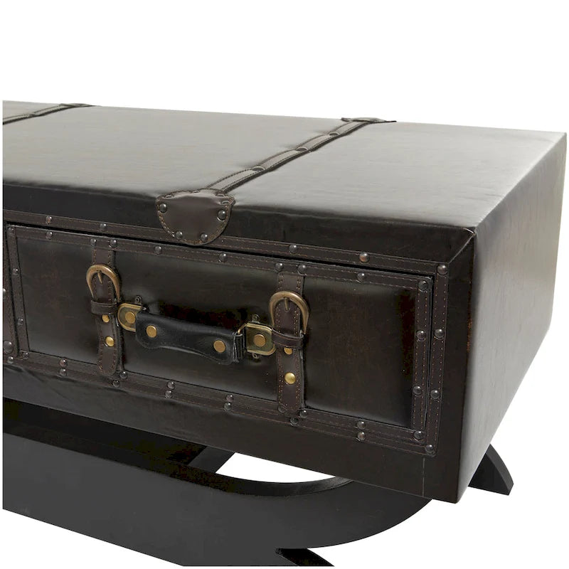 Faux Leather Vintage Faux Leather 2 Drawer Coffee Table with Curved Style Leg Stand - Dark Brown - Roche River Decor