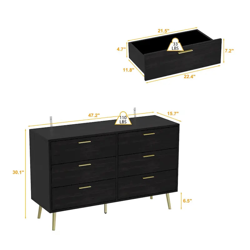 6 Drawer Larget Chest&Dresser With Golden Metal Handles