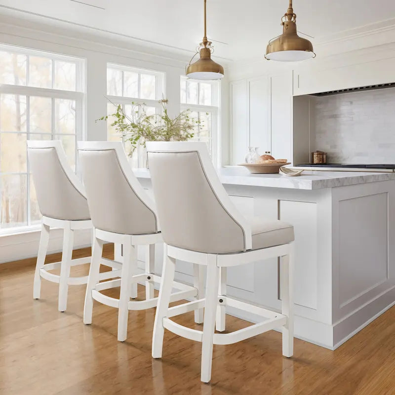 Ellis Swivel Bar Stool with High Back, White with Gray Seat