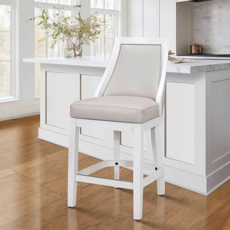 Ellis Swivel Bar Stool with High Back, White with Gray Seat