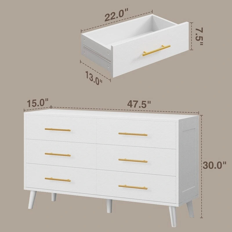 Wood 6 Drawer Double Dresser, Chest Of Drawers Cabinet, TV Stand for Bedroom, Livingroom and Enterway