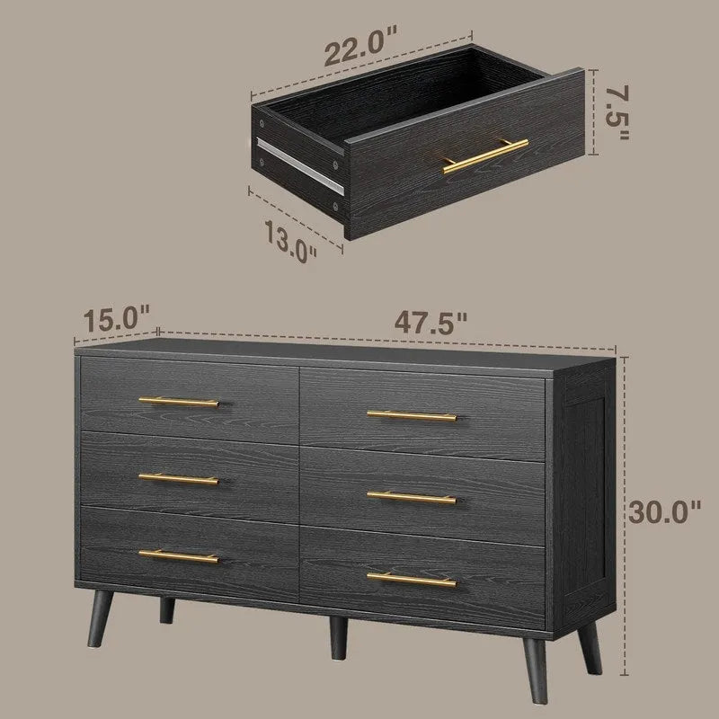 Wood 6 Drawer Double Dresser, Chest Of Drawers Cabinet, TV Stand for Bedroom, Livingroom and Enterway