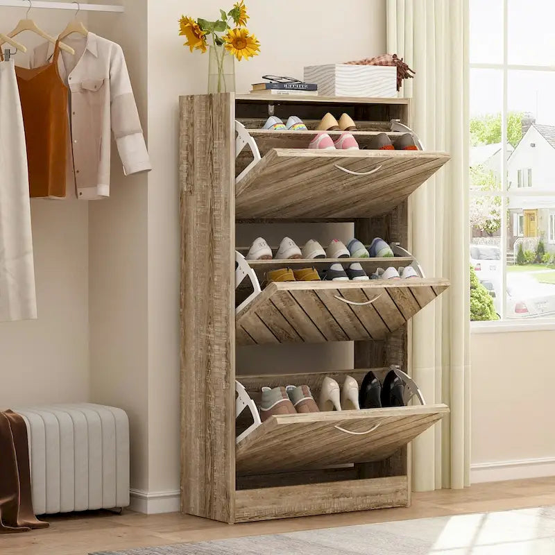 FUFU&GAGA Freestanding 3 Flip Drawers Shoe Cabinet Storage Organizer