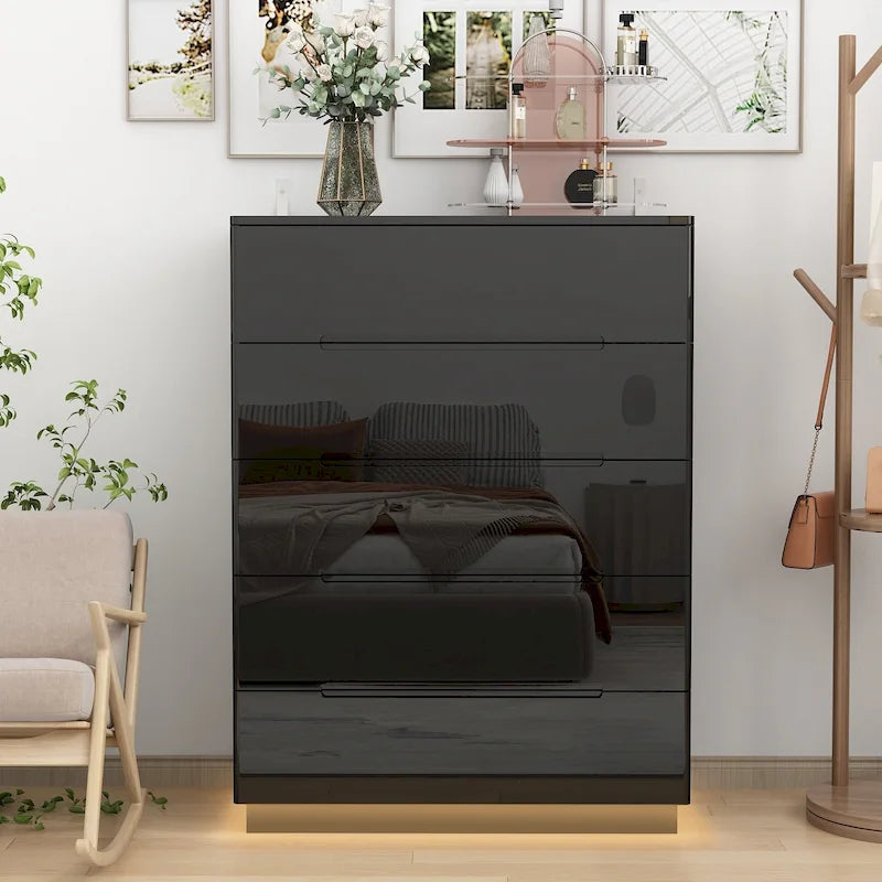 5 Drawers Chest with High Gloss Drawers With Light Storage Cabinet