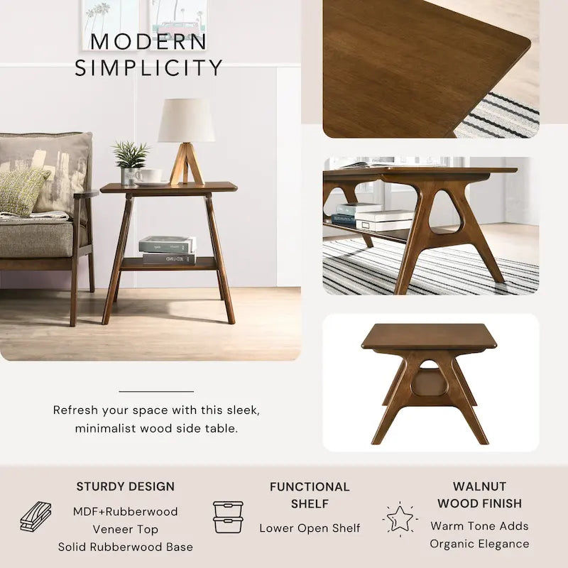 Roundhill Furniture Arona Mid-Century Modern Wood End Table with Shelf