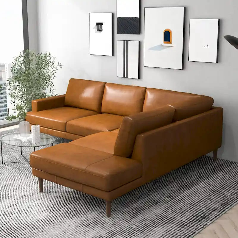 Hannah Mid-Century Modern Living Room Top Leather Corner Sectional Couch in Cognac Tan