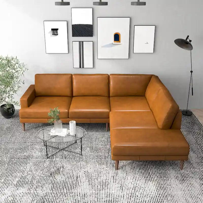 Hannah Mid-Century Modern Living Room Top Leather Corner Sectional Couch in Cognac Tan