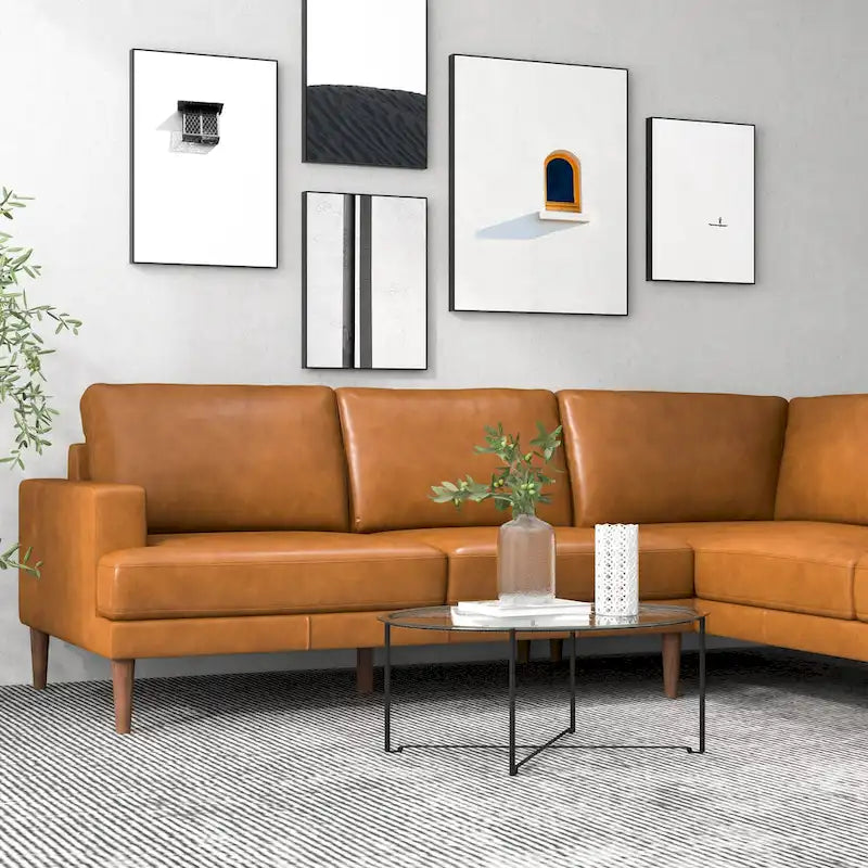 Hannah Mid-Century Modern Living Room Top Leather Corner Sectional Couch in Cognac Tan