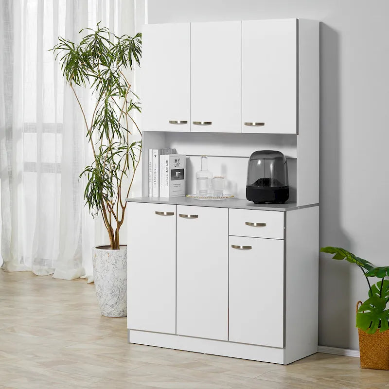 HOMCOM 71 Freestanding Kitchen Buffet Hutch Cupboard with 6 Doors, 3 Adjustable Shelves, and 1 Drawer, White