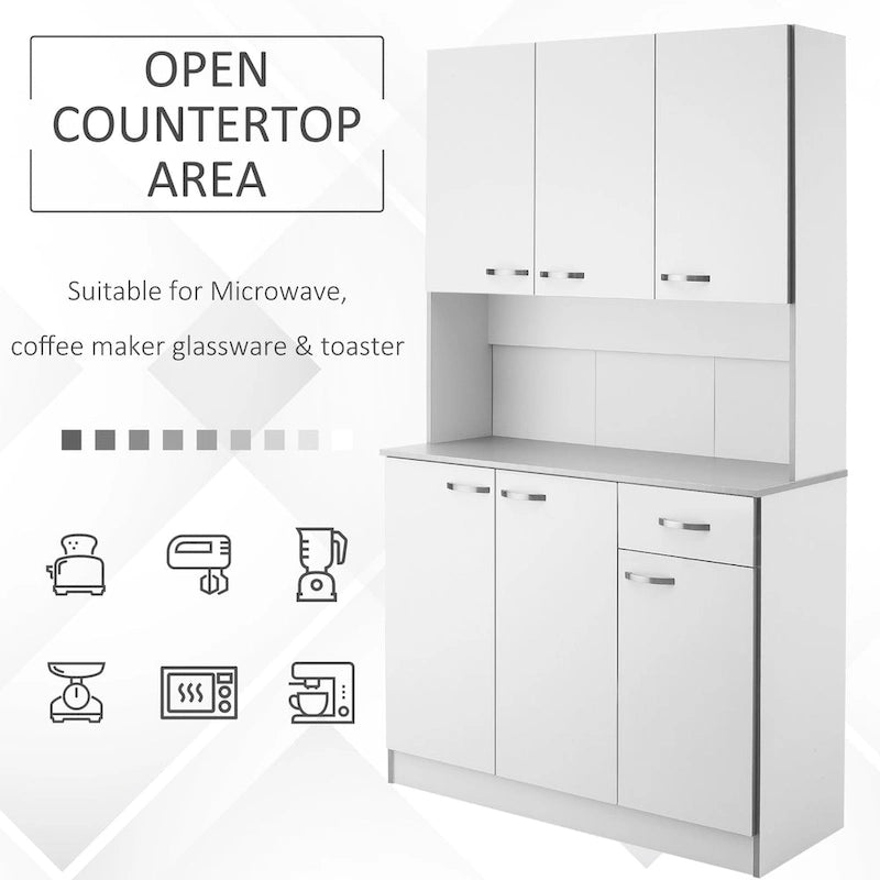 HOMCOM 71 Freestanding Kitchen Buffet Hutch Cupboard with 6 Doors, 3 Adjustable Shelves, and 1 Drawer, White