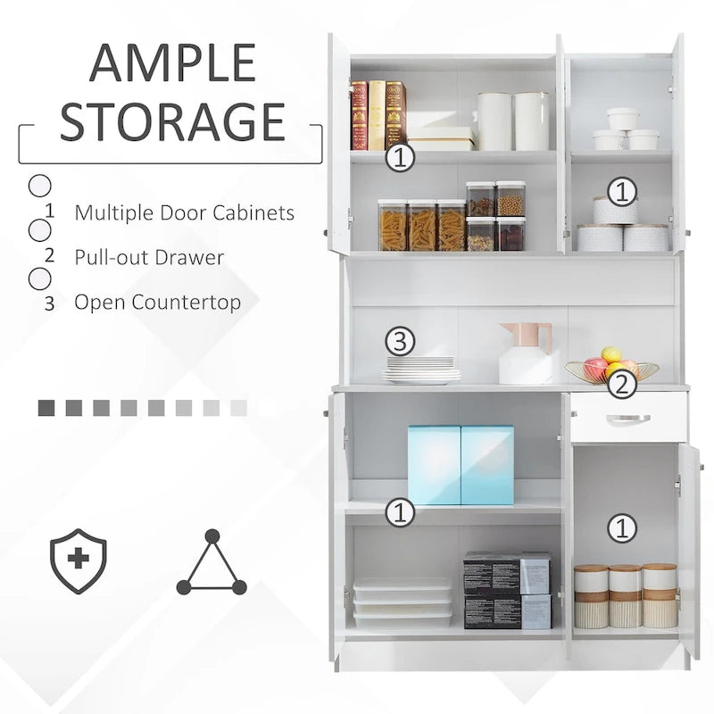 HOMCOM 71 Freestanding Kitchen Buffet Hutch Cupboard with 6 Doors, 3 Adjustable Shelves, and 1 Drawer, White