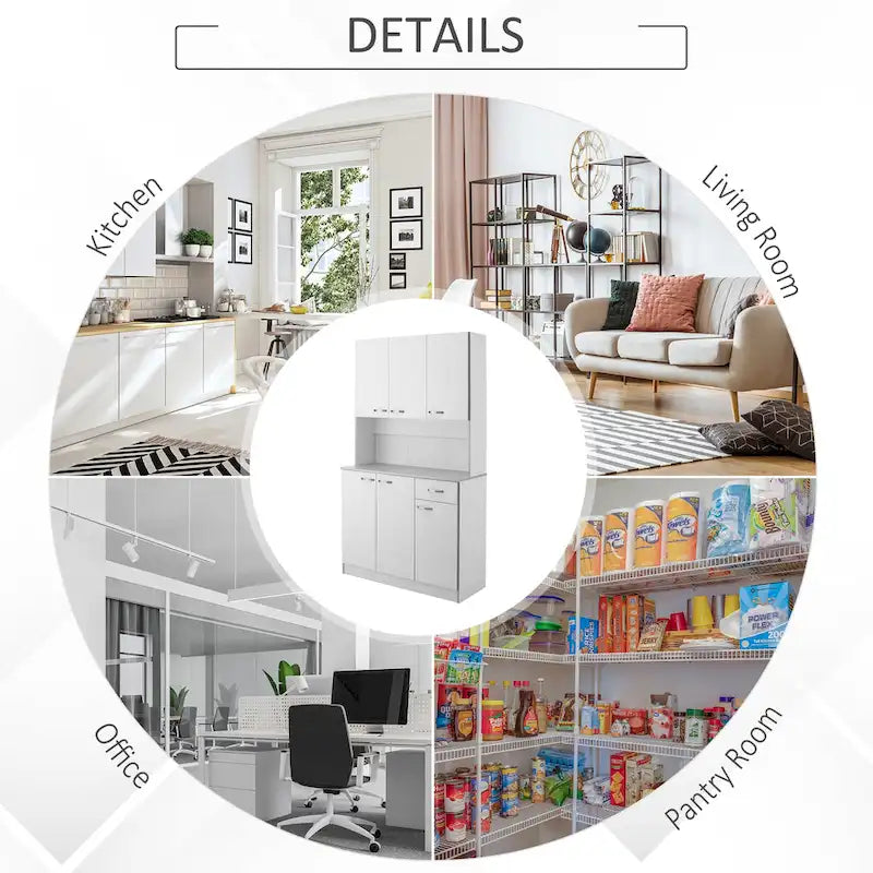 HOMCOM 71 Freestanding Kitchen Buffet Hutch Cupboard with 6 Doors, 3 Adjustable Shelves, and 1 Drawer, White