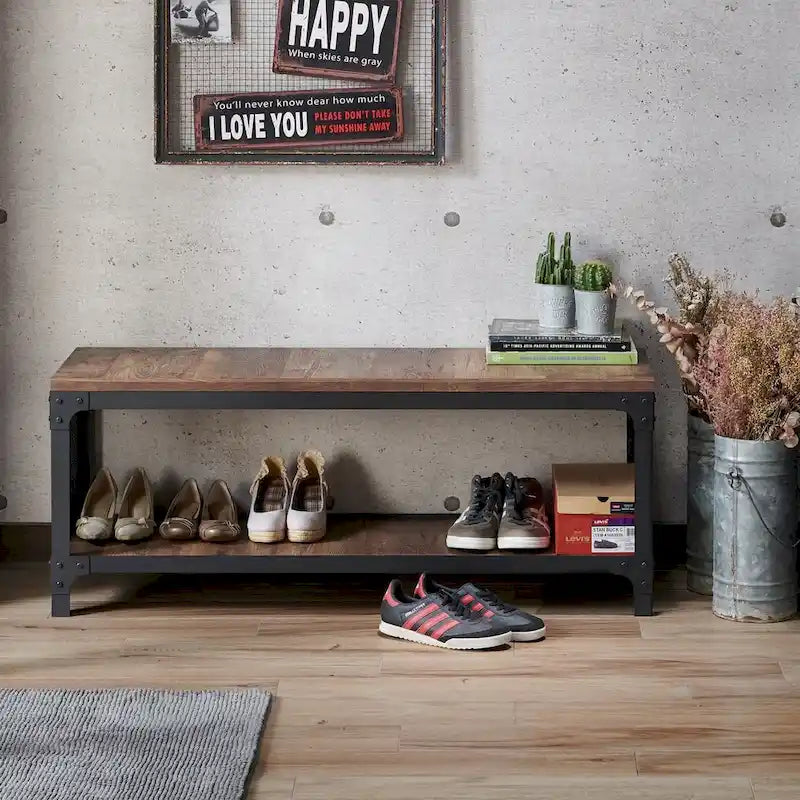 Maua Rustic Reclaimed Oak Metal Storage Entryway Bench by Furniture of America