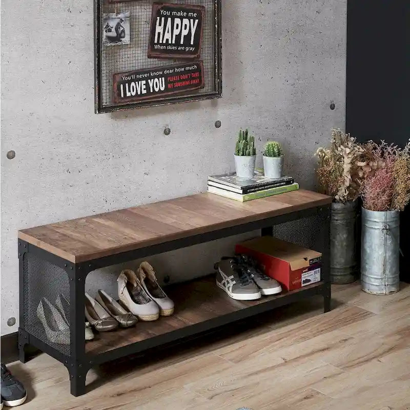 Maua Rustic Reclaimed Oak Metal Storage Entryway Bench by Furniture of America