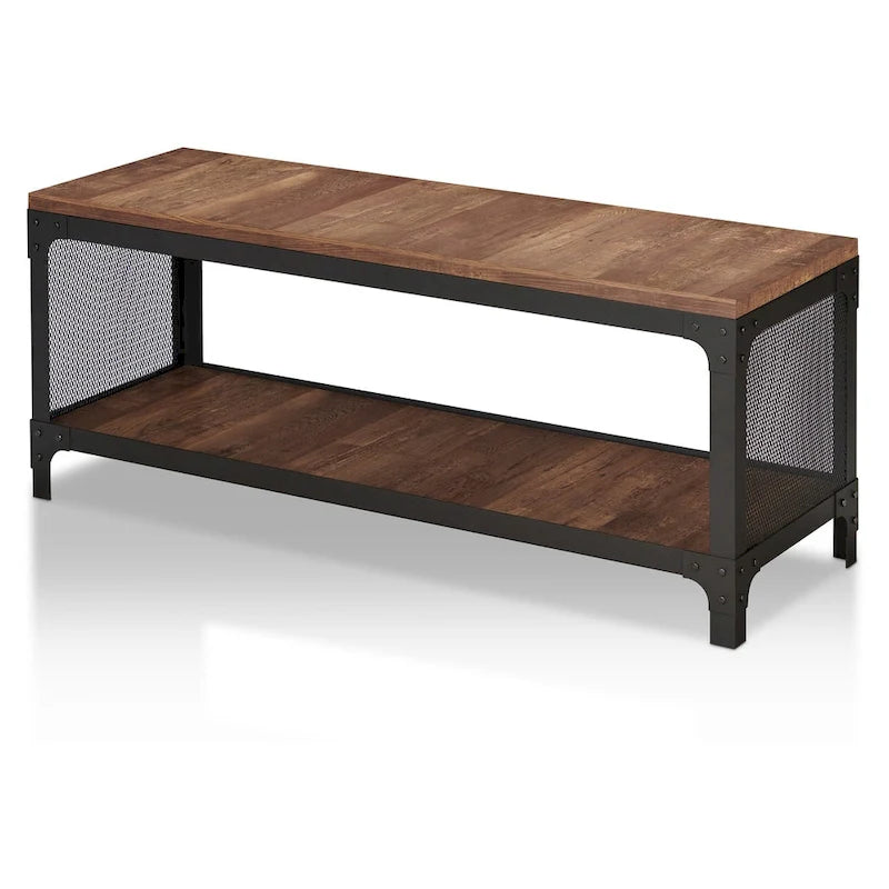 Maua Rustic Reclaimed Oak Metal Storage Entryway Bench by Furniture of America