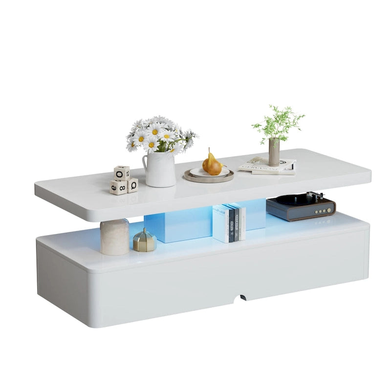 Modern Stylish Coffee Table with 16 Colors LED Lights, Double-Layer Design for Living Room