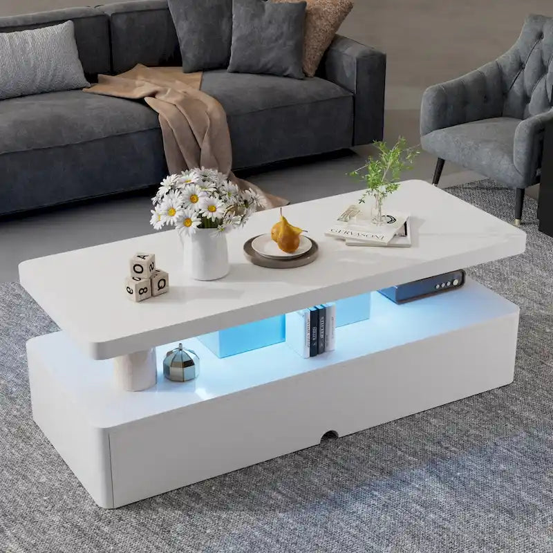 Modern Stylish Coffee Table with 16 Colors LED Lights, Double-Layer Design for Living Room