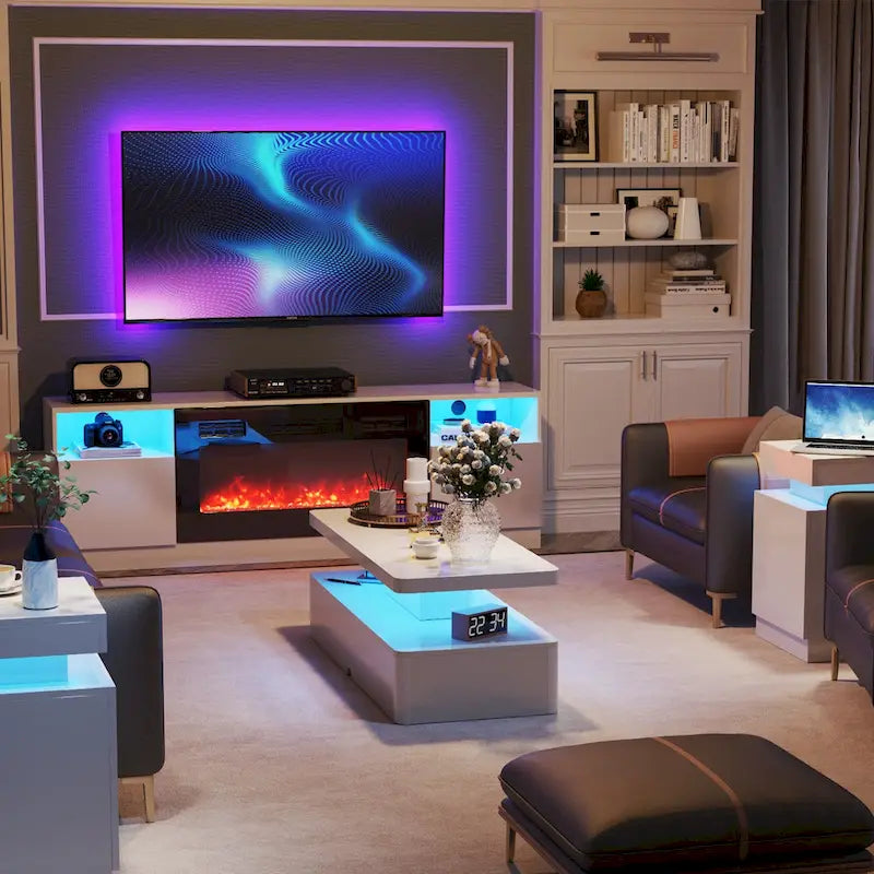 Modern Stylish Coffee Table with 16 Colors LED Lights, Double-Layer Design for Living Room