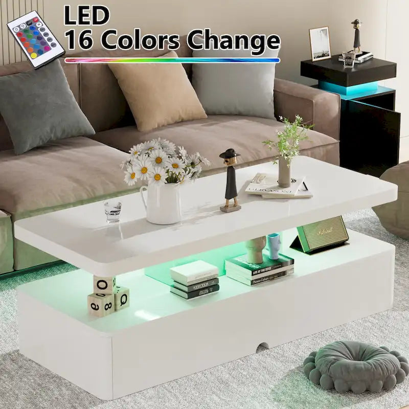 Modern Stylish Coffee Table with 16 Colors LED Lights, Double-Layer Design for Living Room