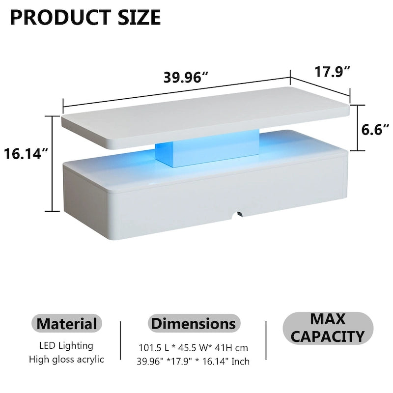 Modern Stylish Coffee Table with 16 Colors LED Lights, Double-Layer Design for Living Room