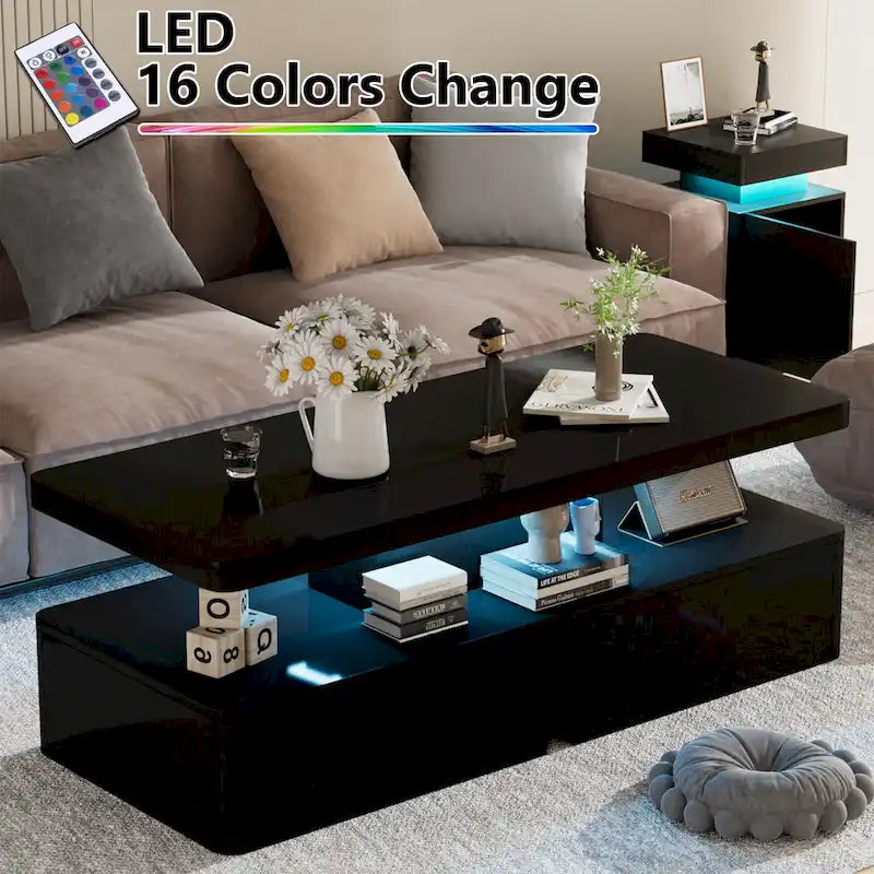 Modern Stylish Coffee Table with 16 Colors LED Lights, Double-Layer Design for Living Room