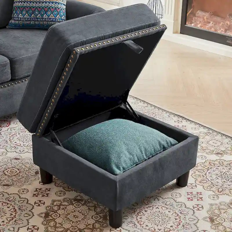 4 Seater L Shaped Reversible Nailed Sectional Sofa with Storage Ottoman