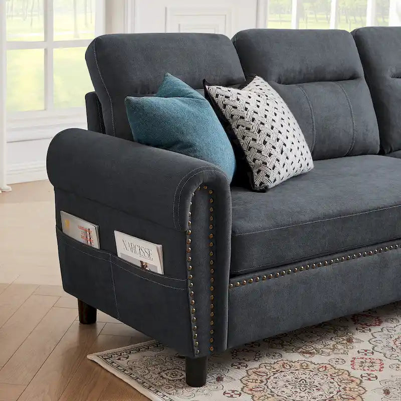 4 Seater L Shaped Reversible Nailed Sectional Sofa with Storage Ottoman