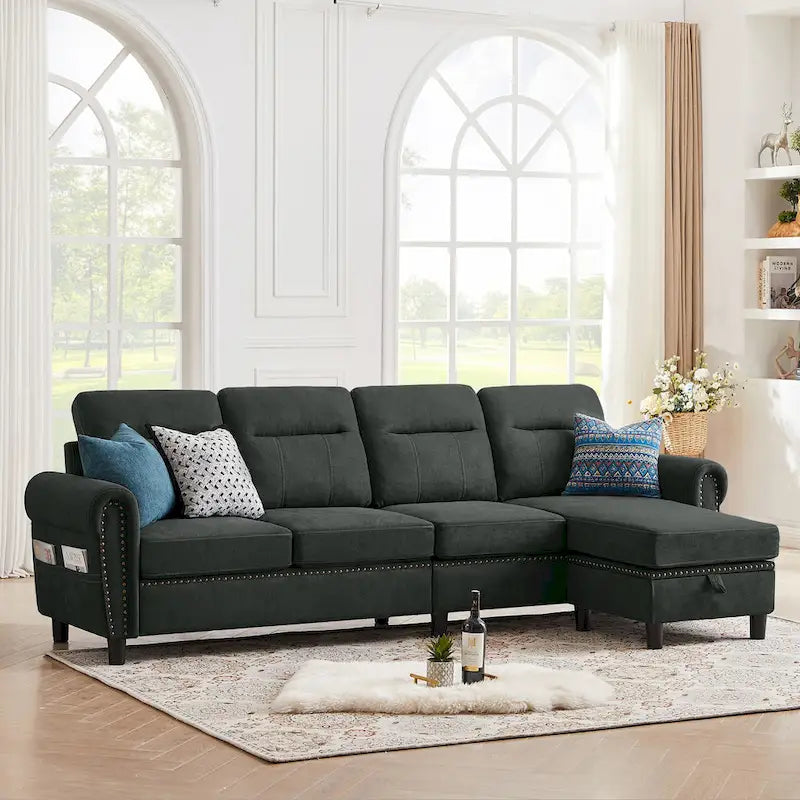 4 Seater L Shaped Reversible Nailed Sectional Sofa with Storage Ottoman