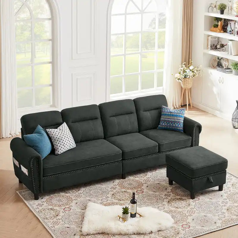 4 Seater L Shaped Reversible Nailed Sectional Sofa with Storage Ottoman