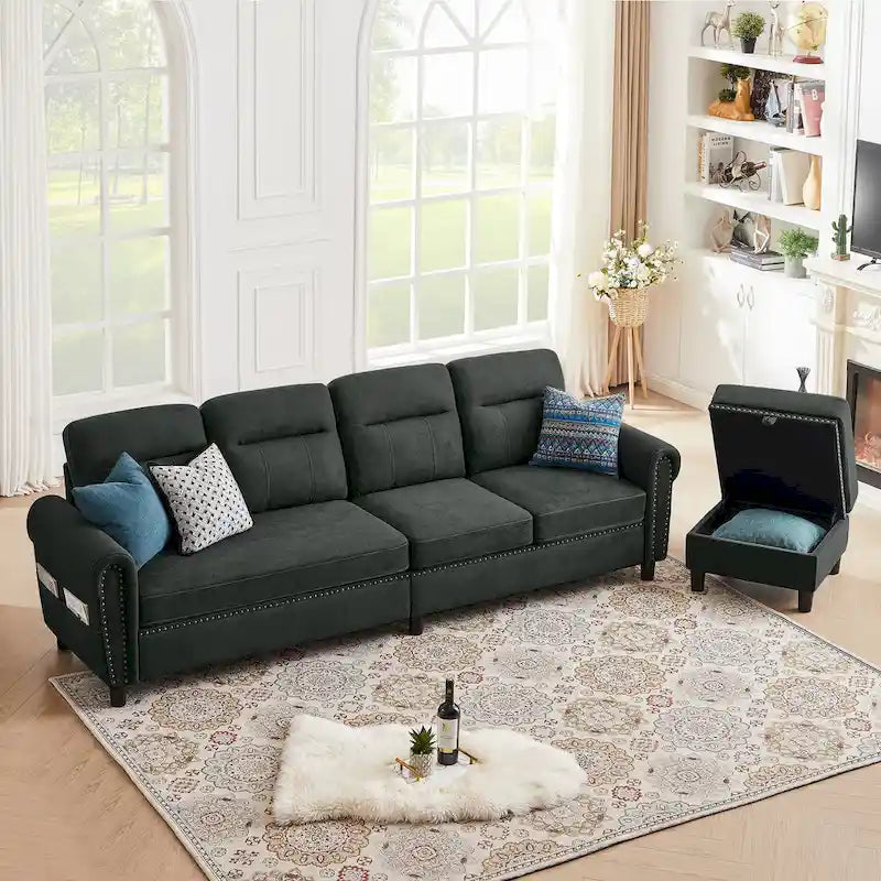 4 Seater L Shaped Reversible Nailed Sectional Sofa with Storage Ottoman