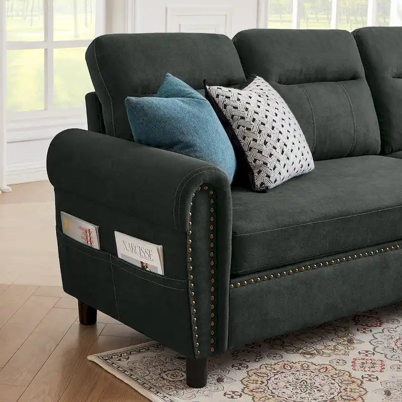 4 Seater L Shaped Reversible Nailed Sectional Sofa with Storage Ottoman