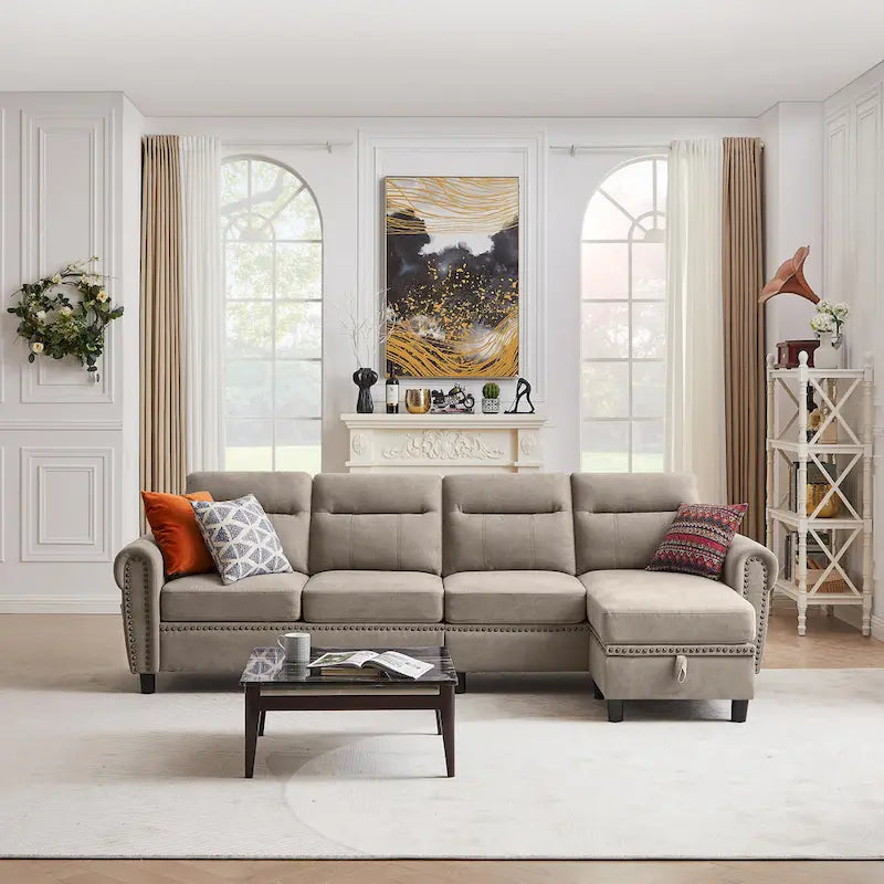 4 Seater L Shaped Reversible Nailed Sectional Sofa with Storage Ottoman