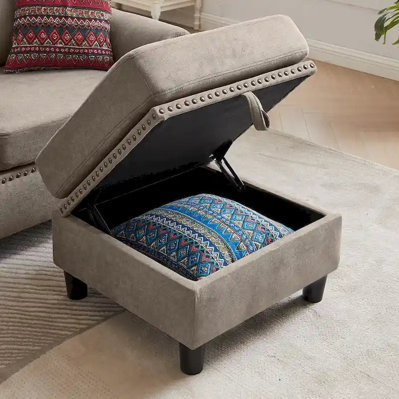 4 Seater L Shaped Reversible Nailed Sectional Sofa with Storage Ottoman