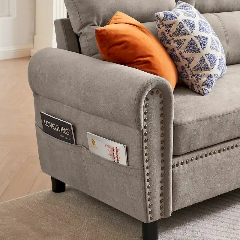 4 Seater L Shaped Reversible Nailed Sectional Sofa with Storage Ottoman