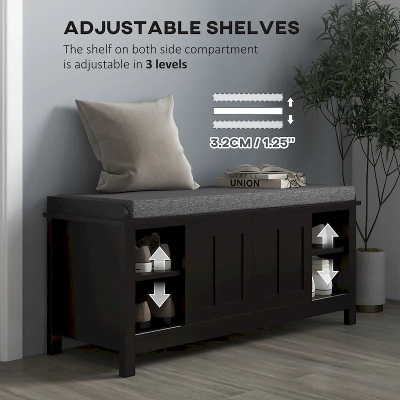 HOMCOM Entryway Shoe Bench Storage Ottoman with Adjustable Shelving, 6 Compartments, and Padded Seat, White/Grey