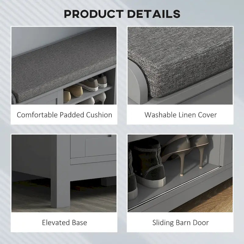 HOMCOM Entryway Shoe Bench Storage Ottoman with Adjustable Shelving, 6 Compartments, and Padded Seat, White/Grey
